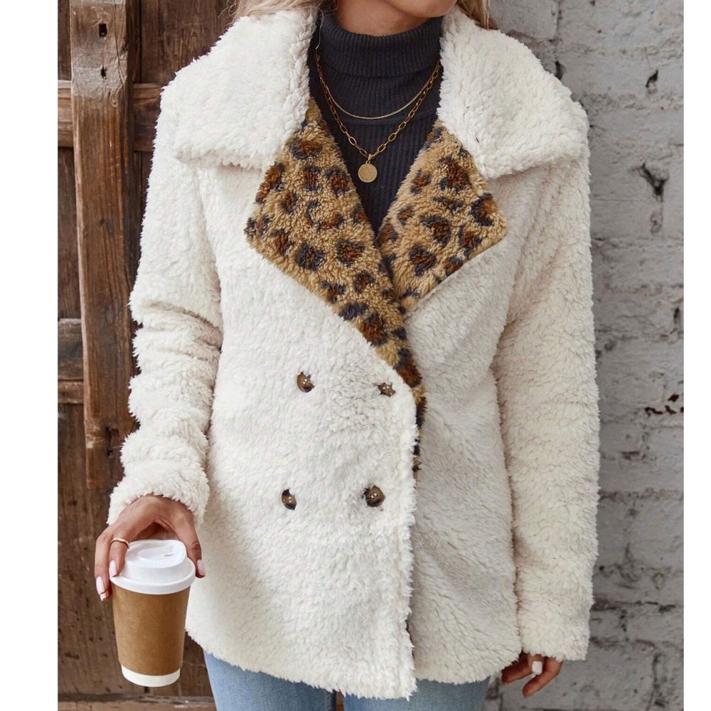 Cozy Leopard Print Teddy Wide Collar Jacket Coat - Picture 3 of 5